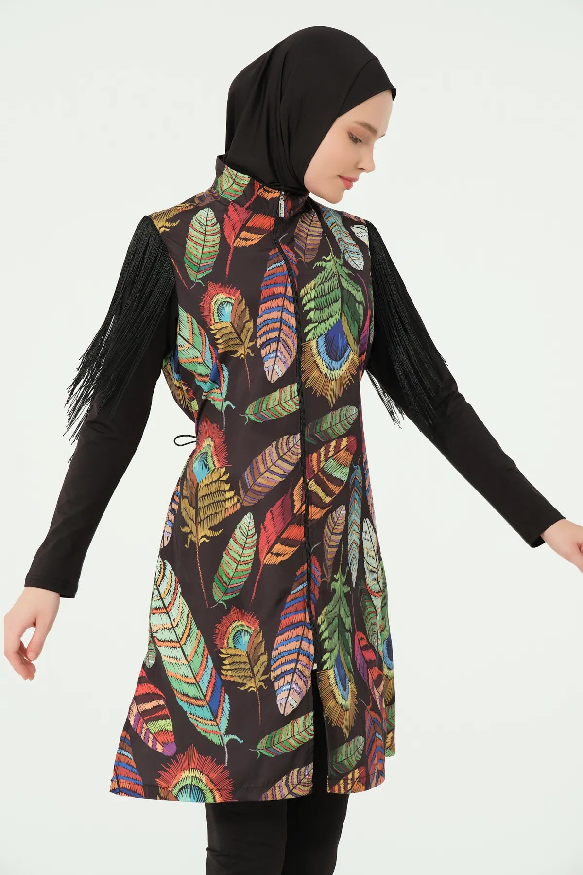 Bohemian Feather-Print Burkini with Fringe Sleeves