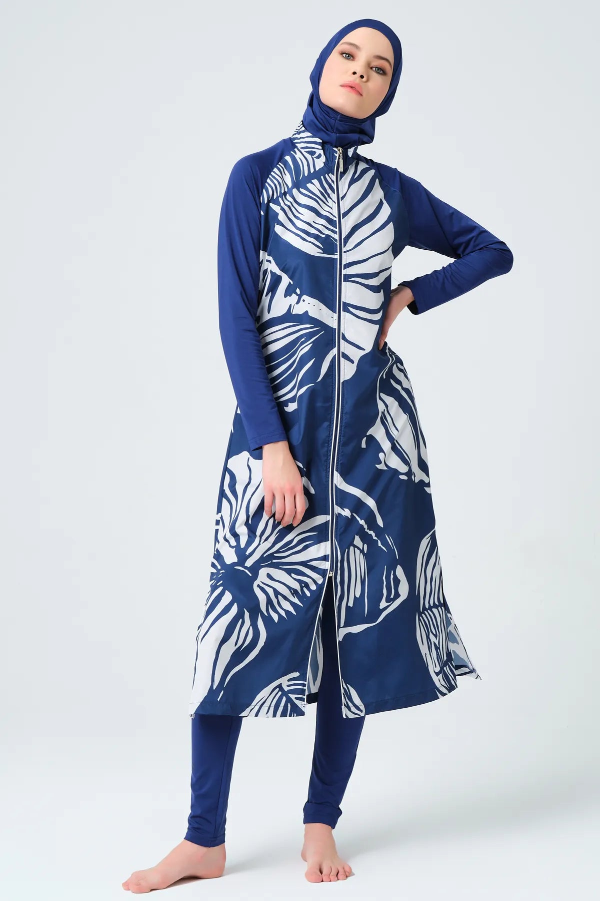 Modest Full-Length Burkini with White Leaf Print