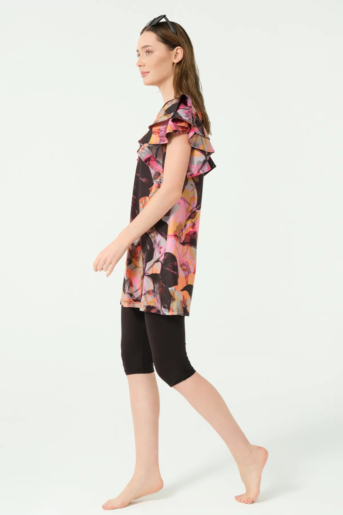 Ruffled Sleeve Burkini with Capri Leggings