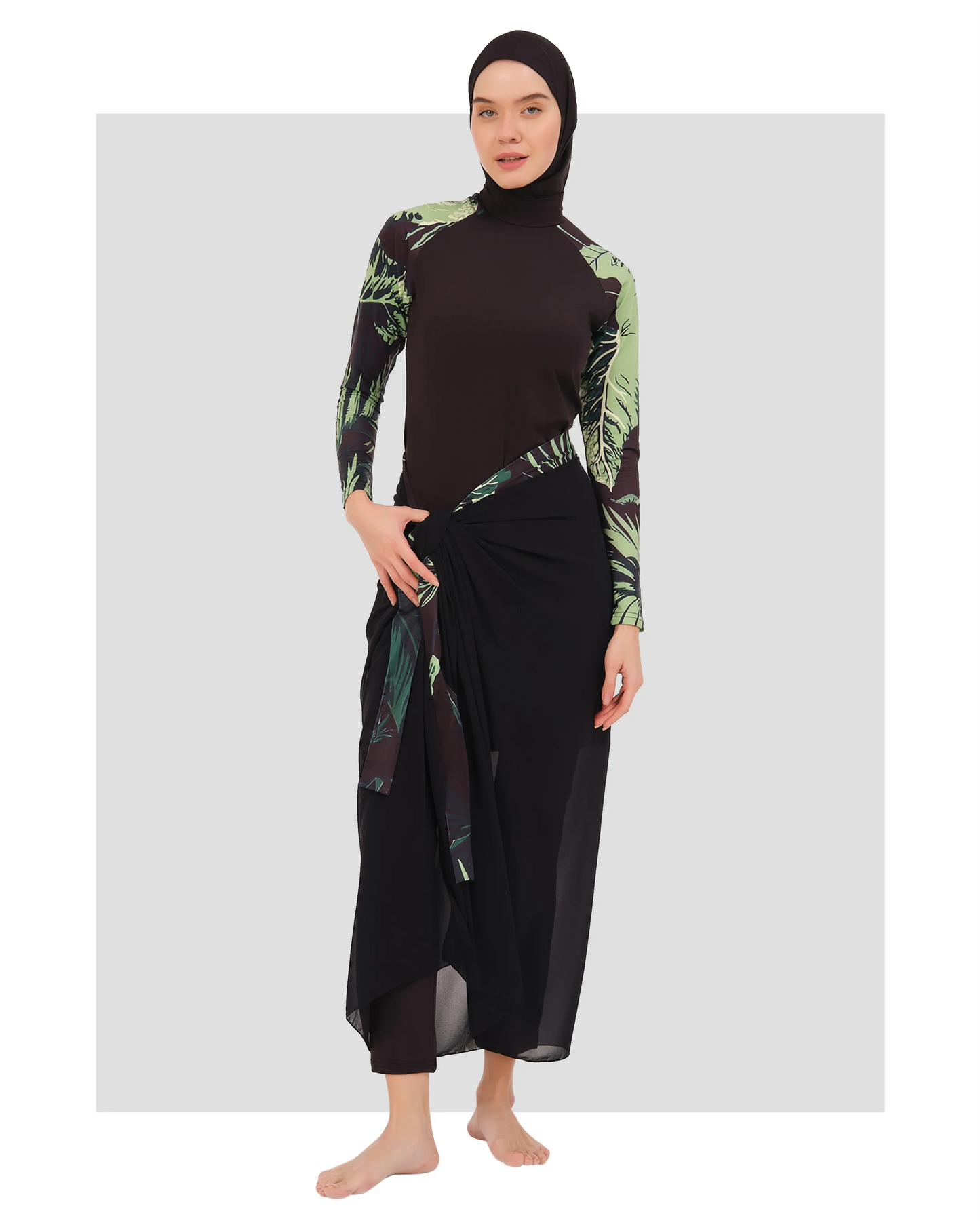 Tropical Print Burkini with Sheer Sarong