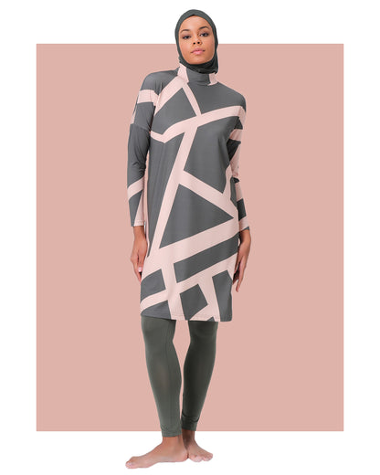 Geometric Line Patterned  Burkini- Big Sizes