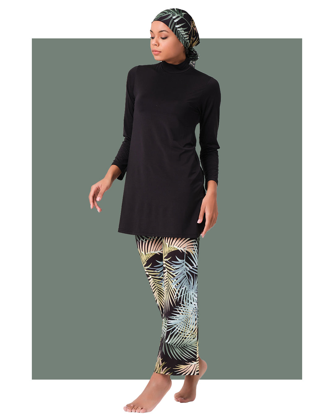 Burkini with Tropical Leaf-Print Pants- Big Sizes