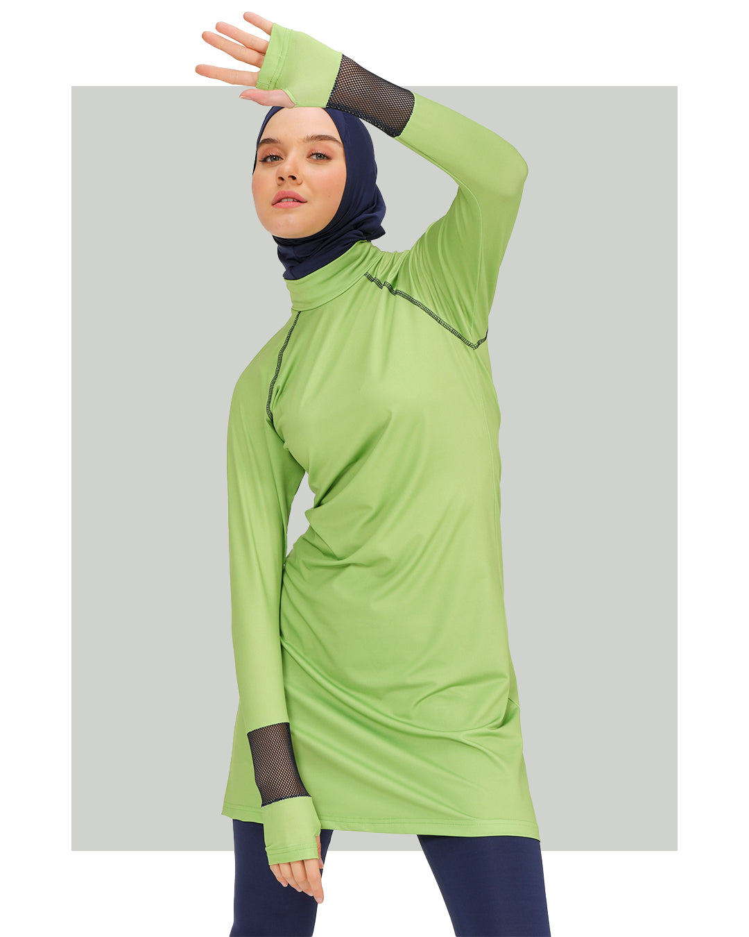 Sleeve Mesh Detailed Hijab Swimsuit Green