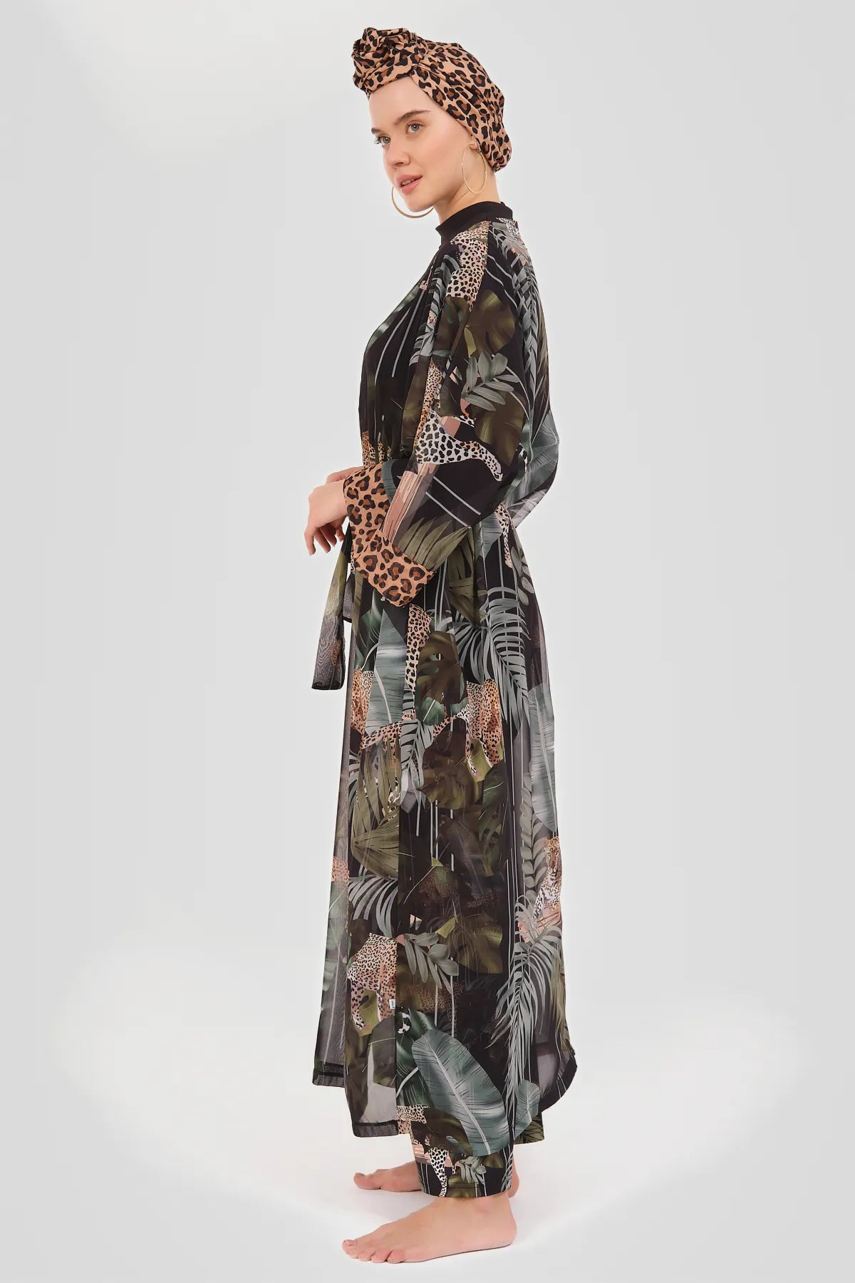 Sheer Kimono with Leopard and Tropical Print
