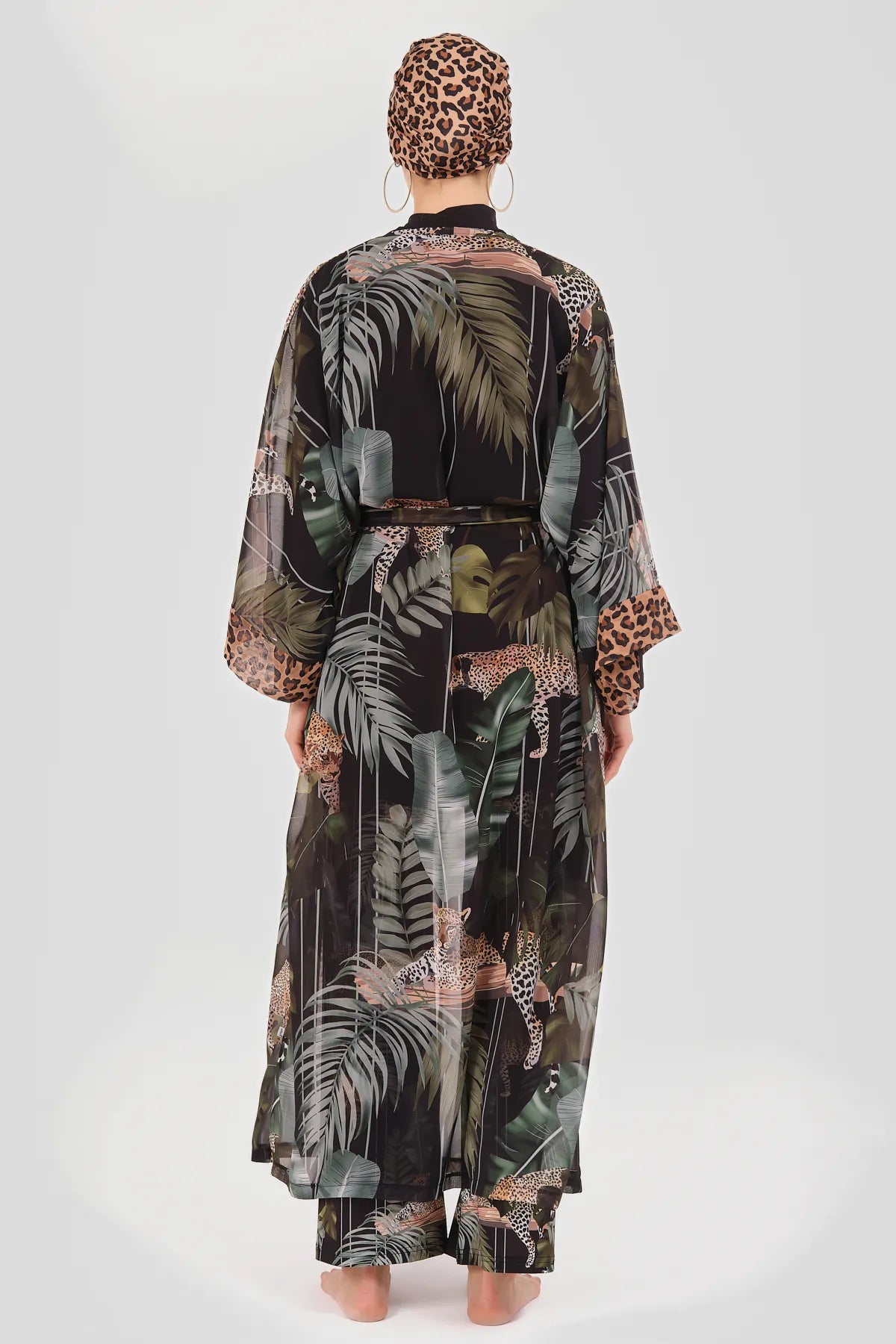 Sheer Kimono with Leopard and Tropical Print