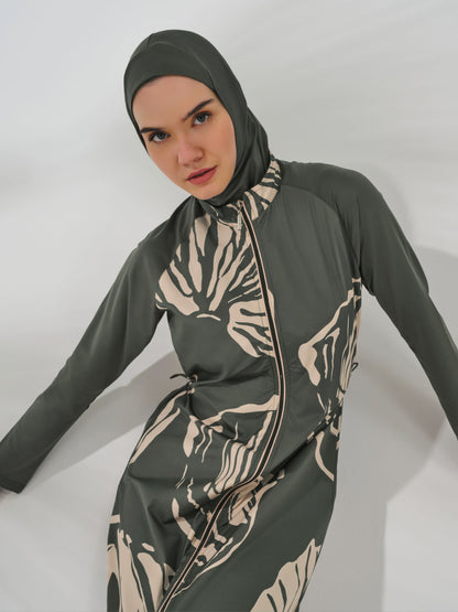 Modest Olive Green Long Burkini with Pink Leaf Print