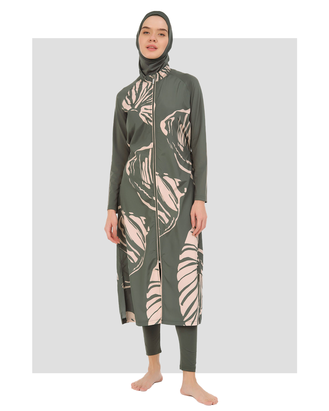 Modest Olive Green Long Burkini with Pink Leaf Print