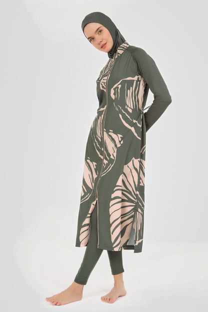 Modest Olive Green Long Burkini with Pink Leaf Print