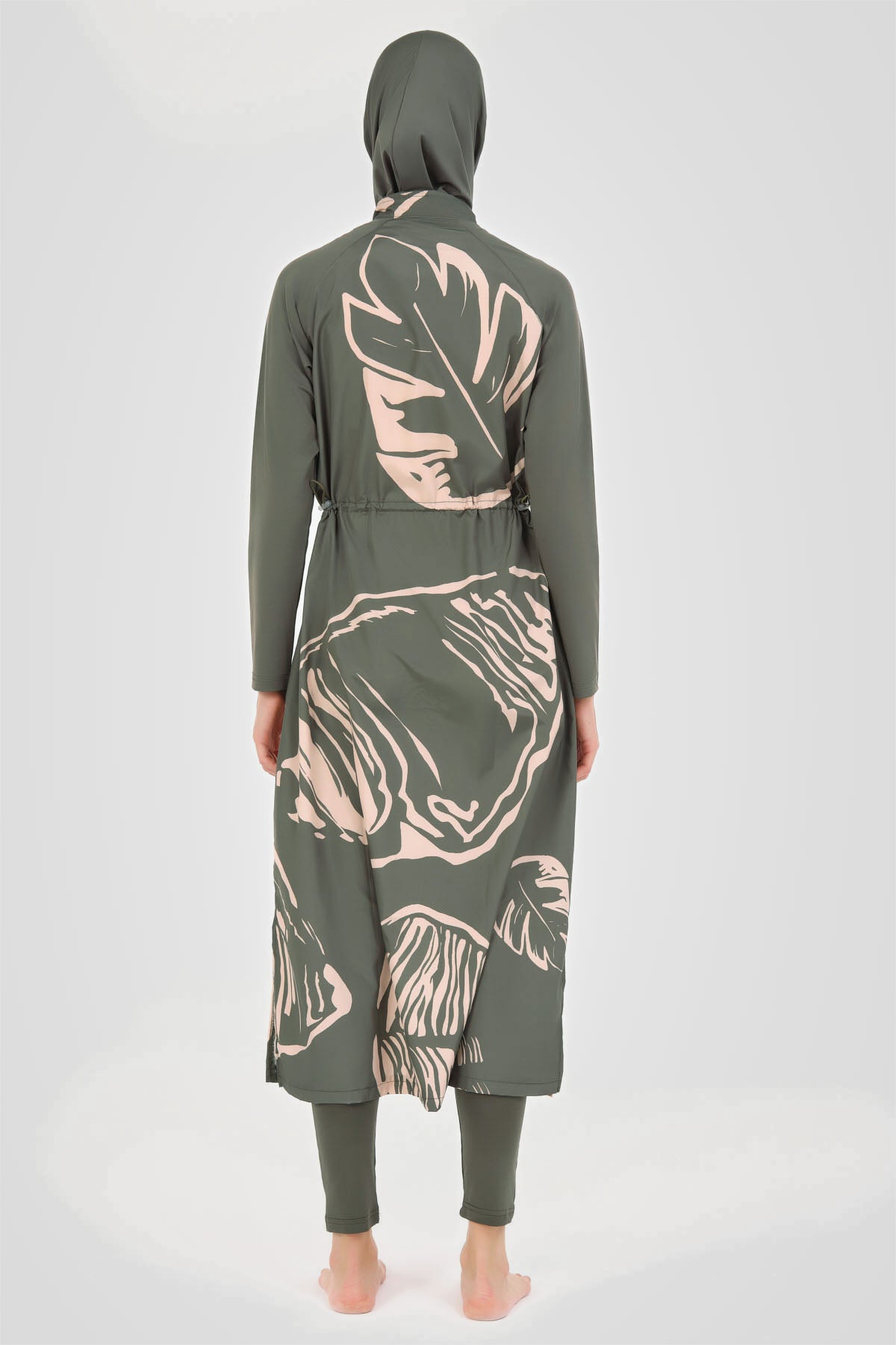 Modest Olive Green Long Burkini with Pink Leaf Print