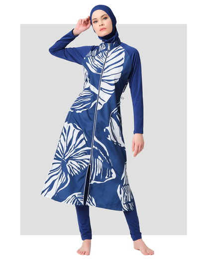 Modest Navy Blue Long Burkini with White Leaf Print