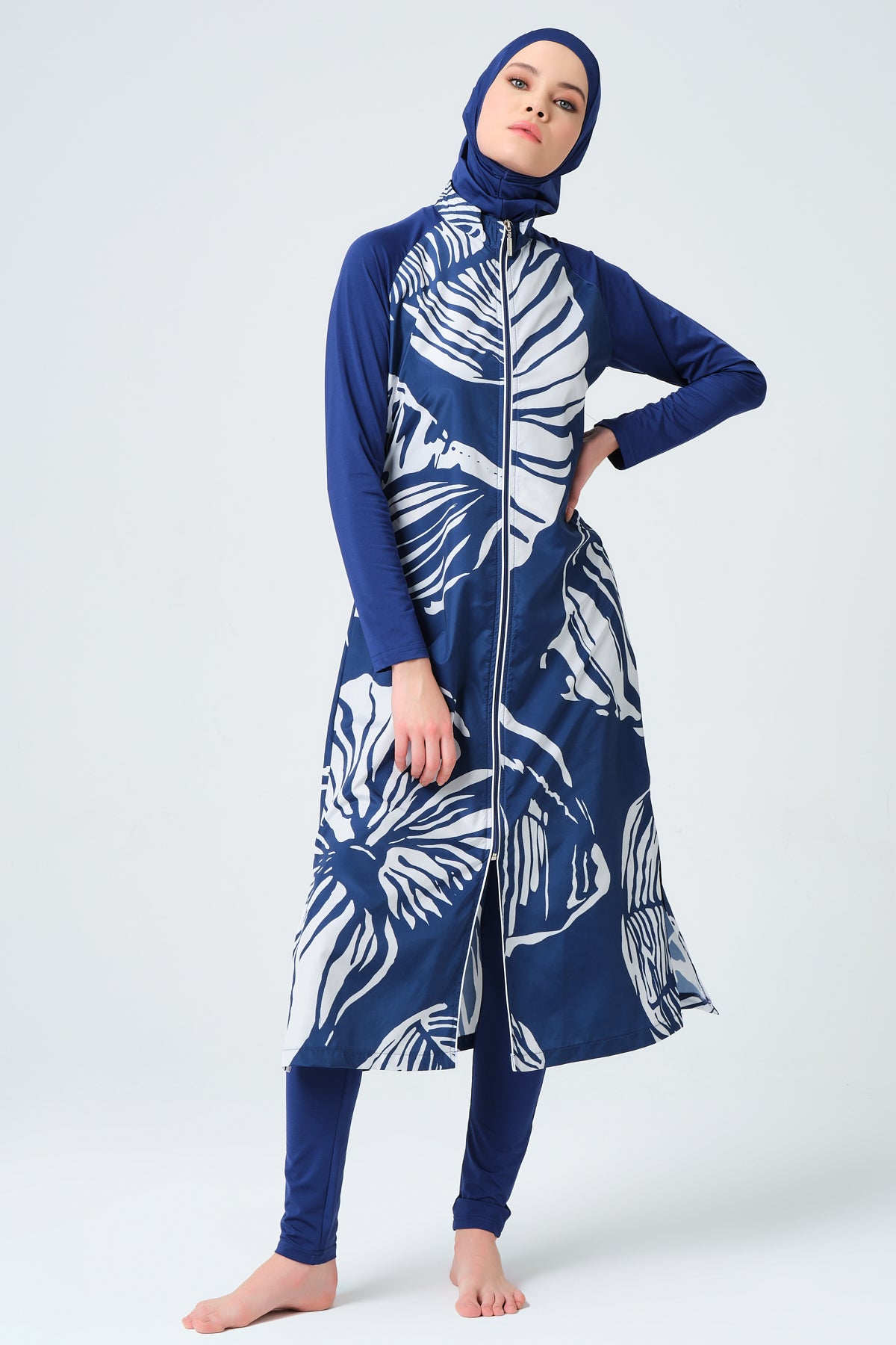 Modest Navy Blue Long Burkini with White Leaf Print