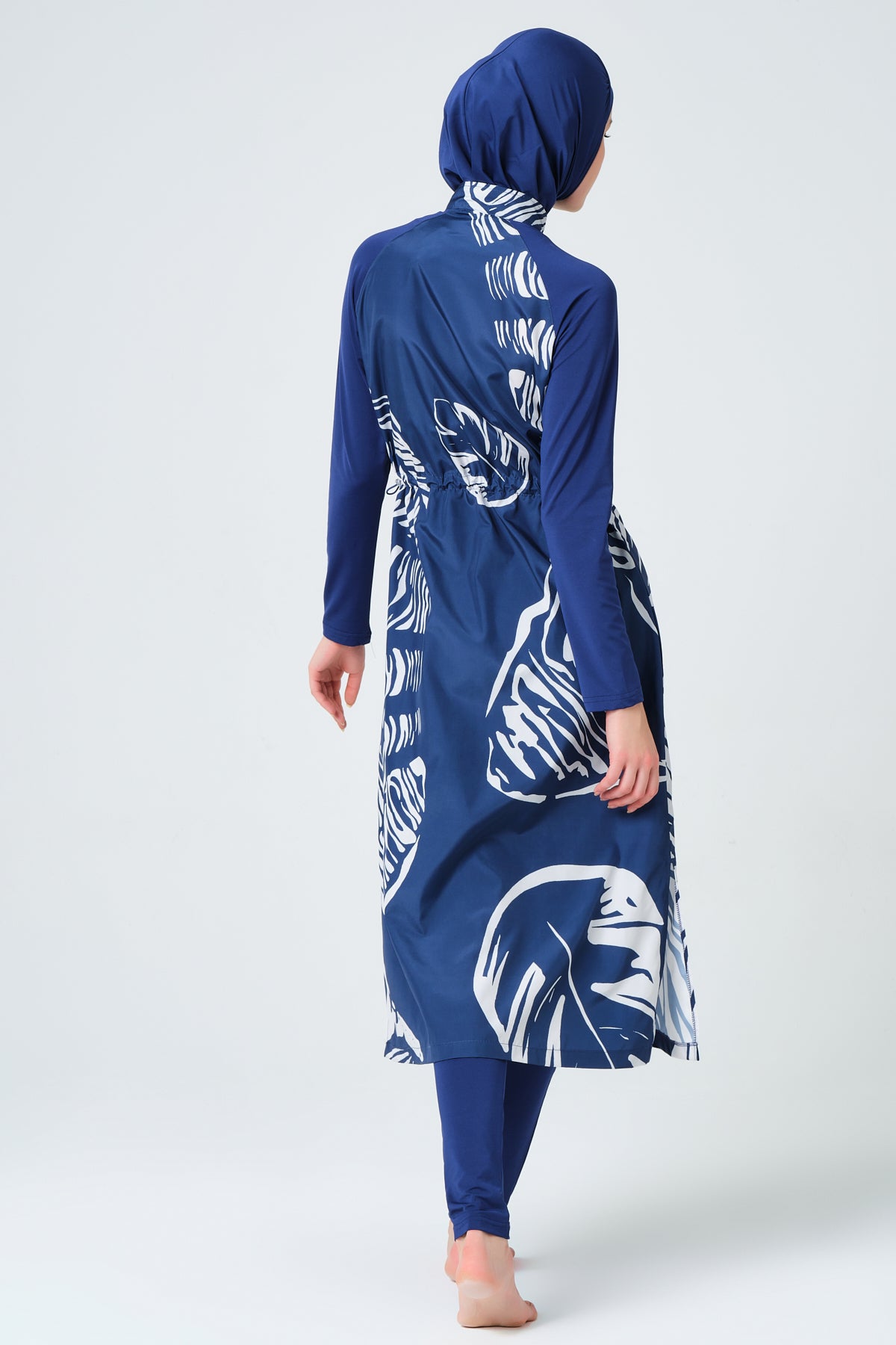 Modest Navy Blue Long Burkini with White Leaf Print