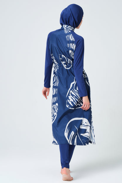 Modest Navy Blue Long Burkini with White Leaf Print