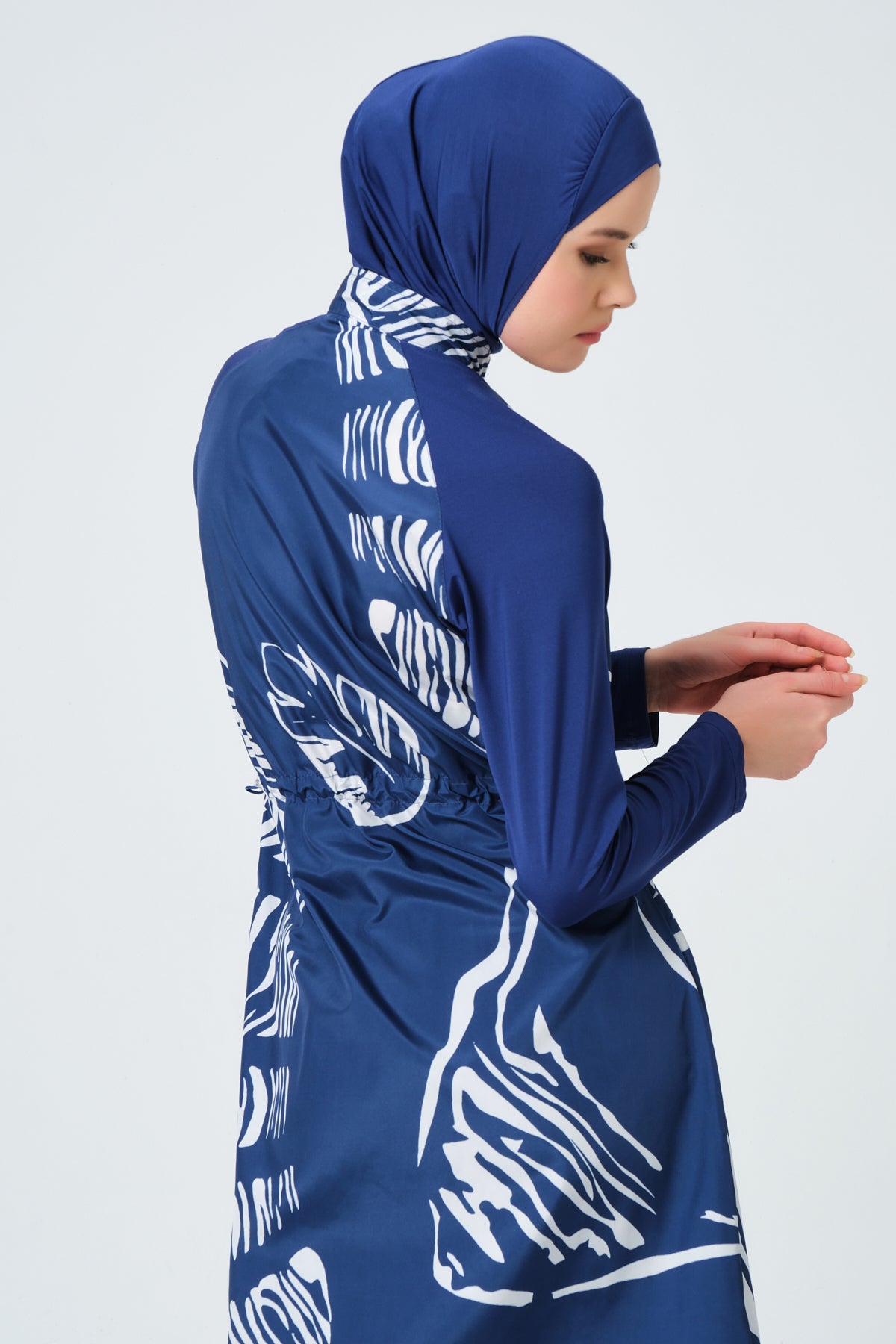 Modest Navy Blue Long Burkini with White Leaf Print