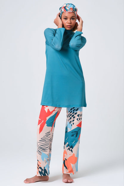 Coastal Horizon Burkini Set with Sheer Kimono