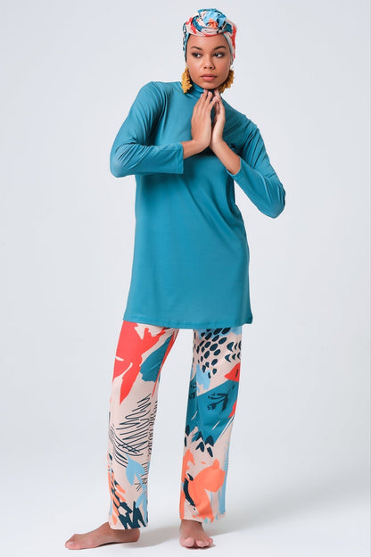 Coastal Horizon Burkini Set with Sheer Kimono