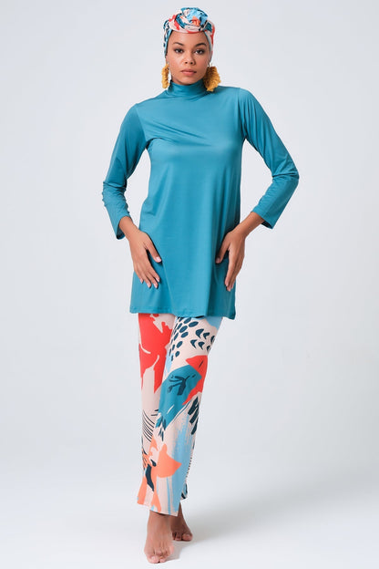 Coastal Horizon Burkini Set with Sheer Kimono