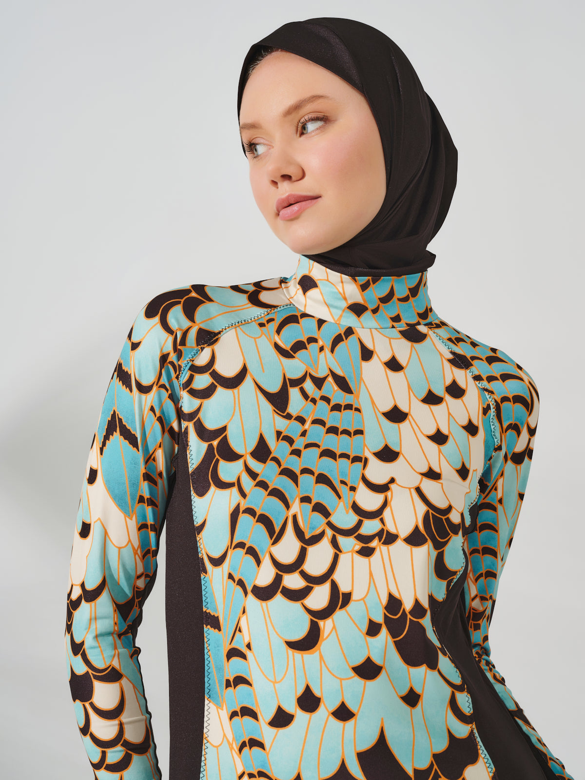 Modest Black Burkini with Scalloped Feather Pattern