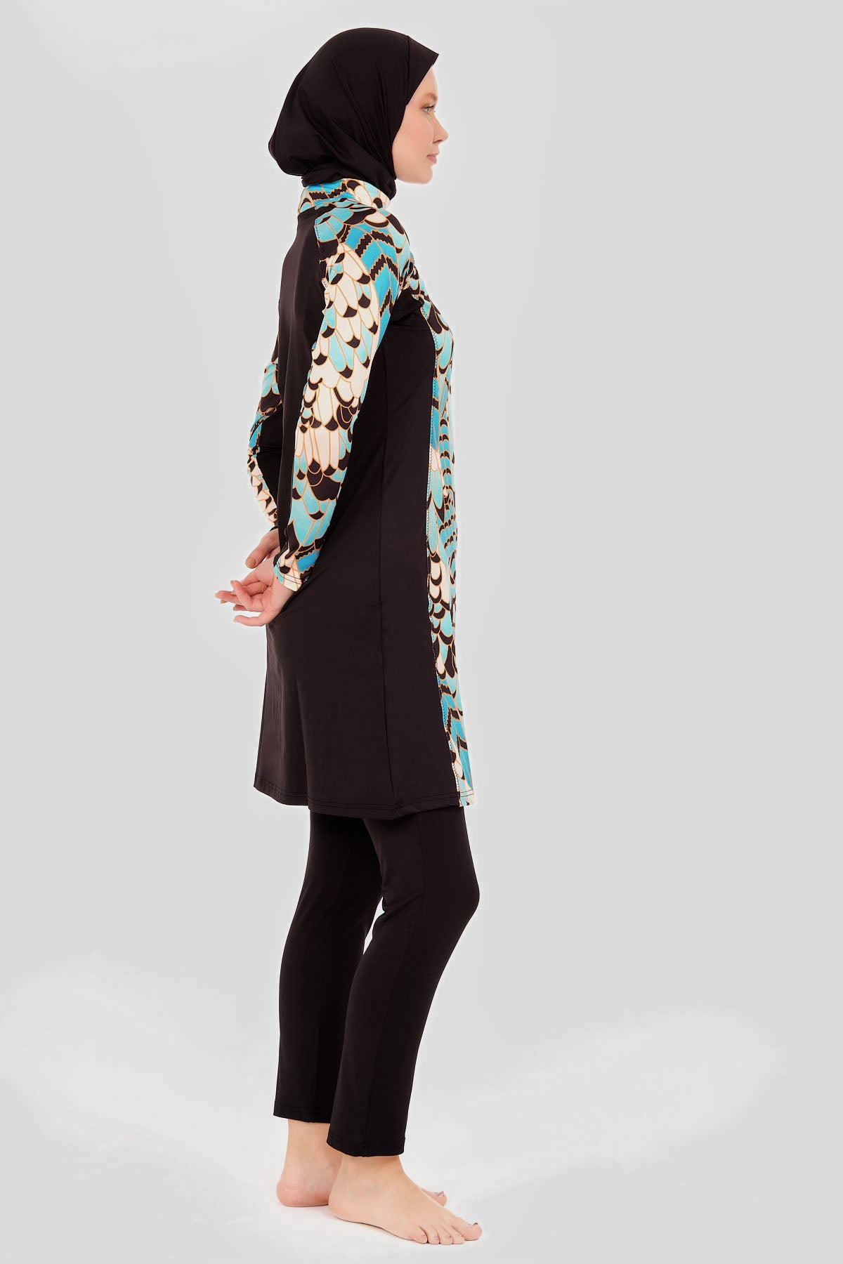 Modest Black Burkini with Scalloped Feather Pattern