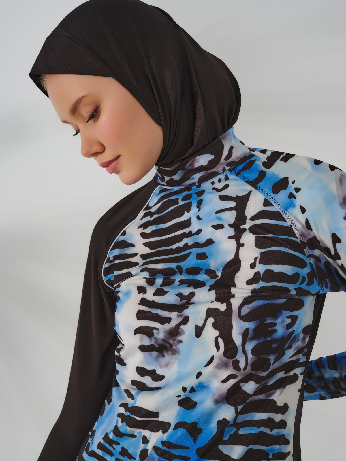 Modest Black and Blue Burkini with Abstract Tie-Dye Pattern