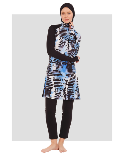 Modest Black and Blue Burkini with Abstract Tie-Dye Pattern