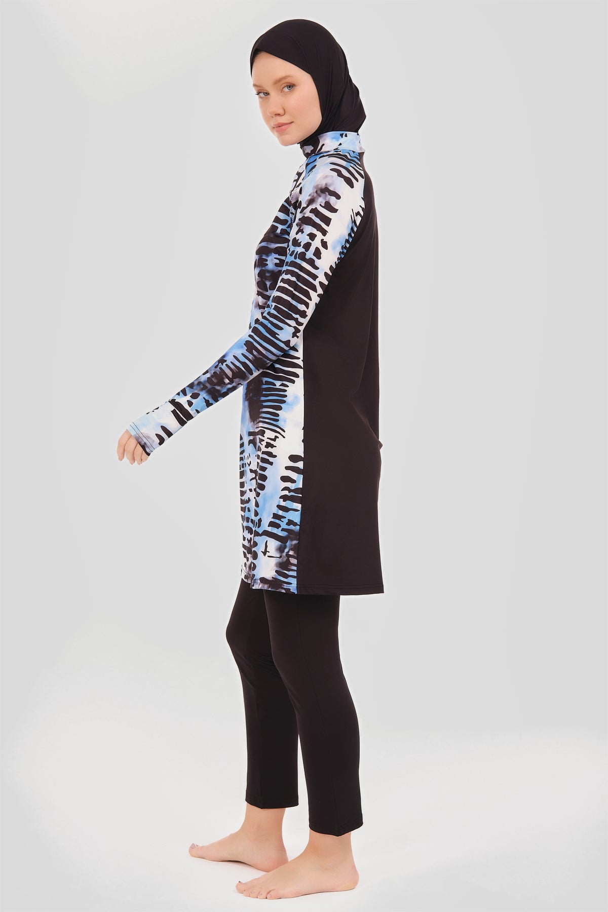 Modest Black and Blue Burkini with Abstract Tie-Dye Pattern