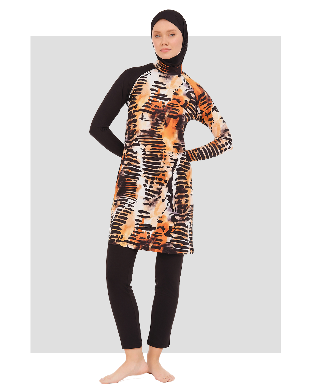 Modest Black and Orange Burkini with Abstract Tiger-Inspired Pattern