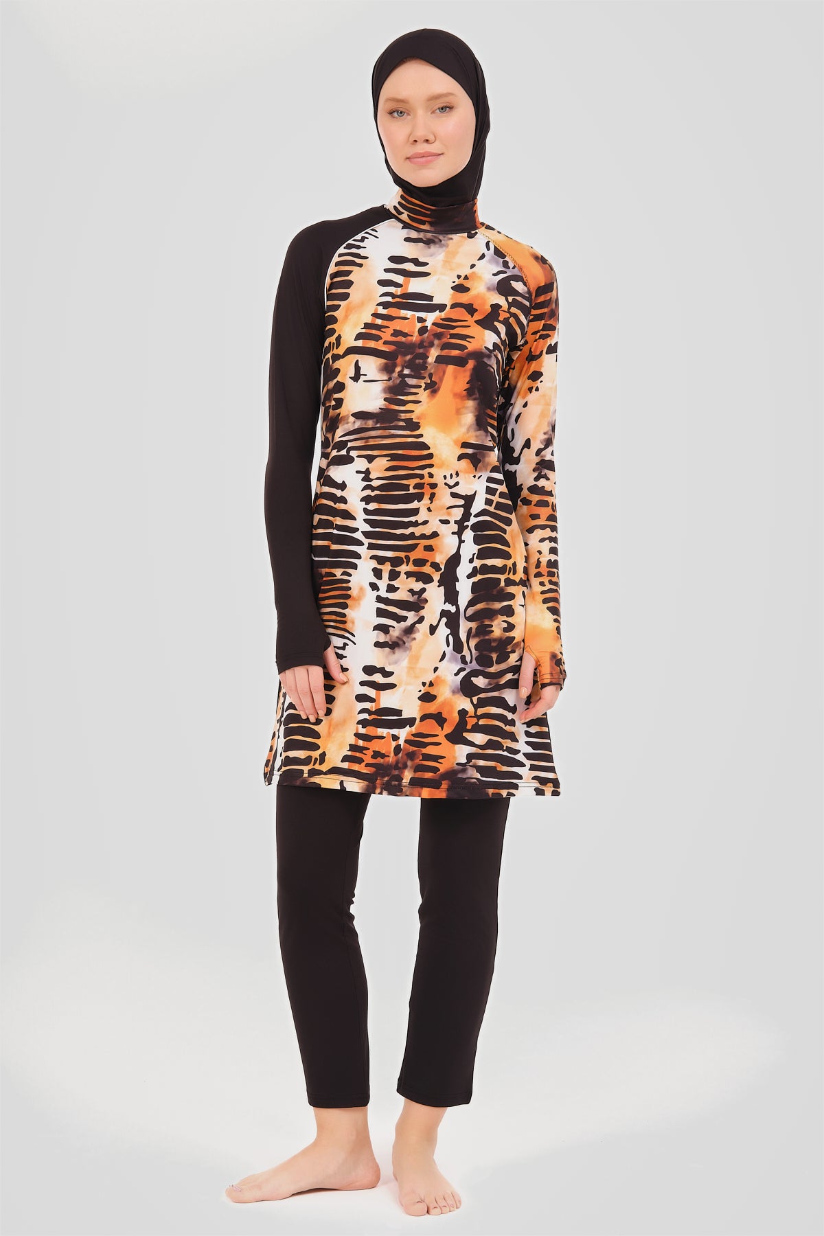 Modest Black and Orange Burkini with Abstract Tiger-Inspired Pattern