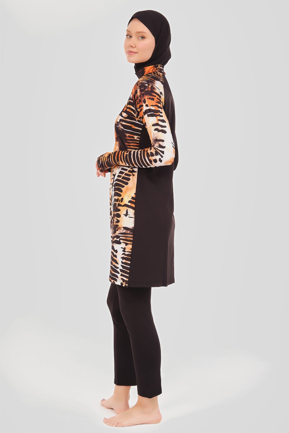 Modest Black and Orange Burkini with Abstract Tiger-Inspired Pattern