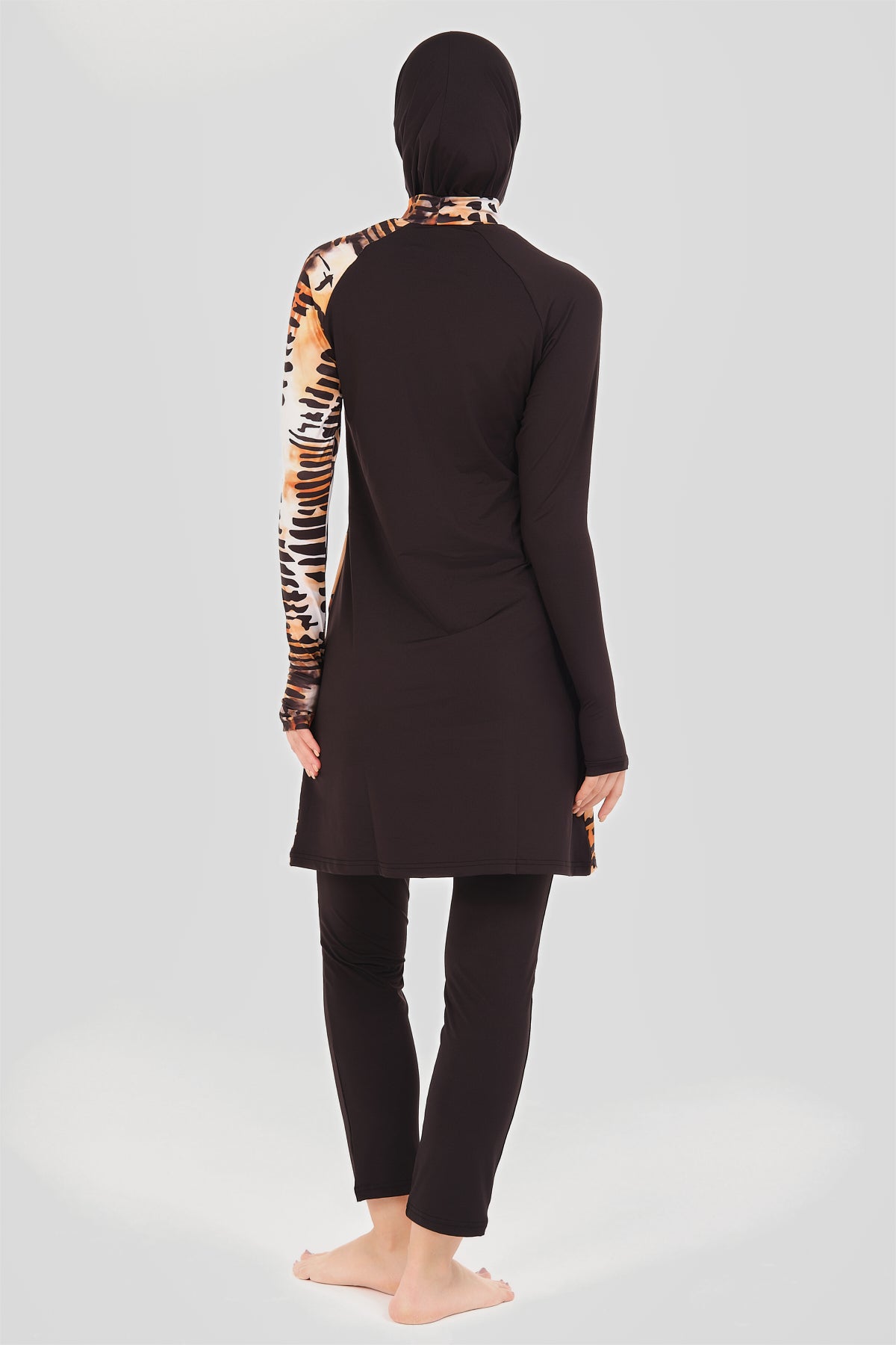 Modest Black and Orange Burkini with Abstract Tiger-Inspired Pattern