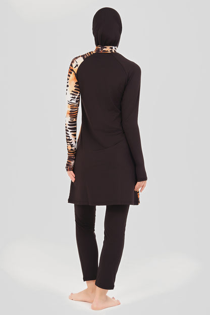 Modest Black and Orange Burkini with Abstract Tiger-Inspired Pattern