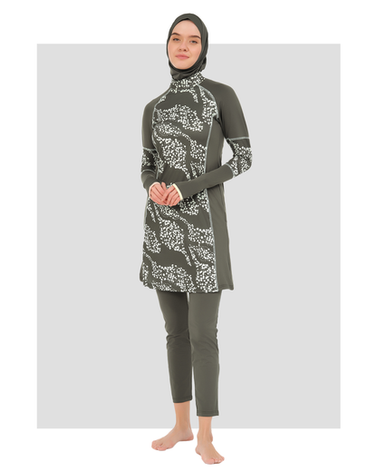 Olive Burkini with Delicate White Dotted Print