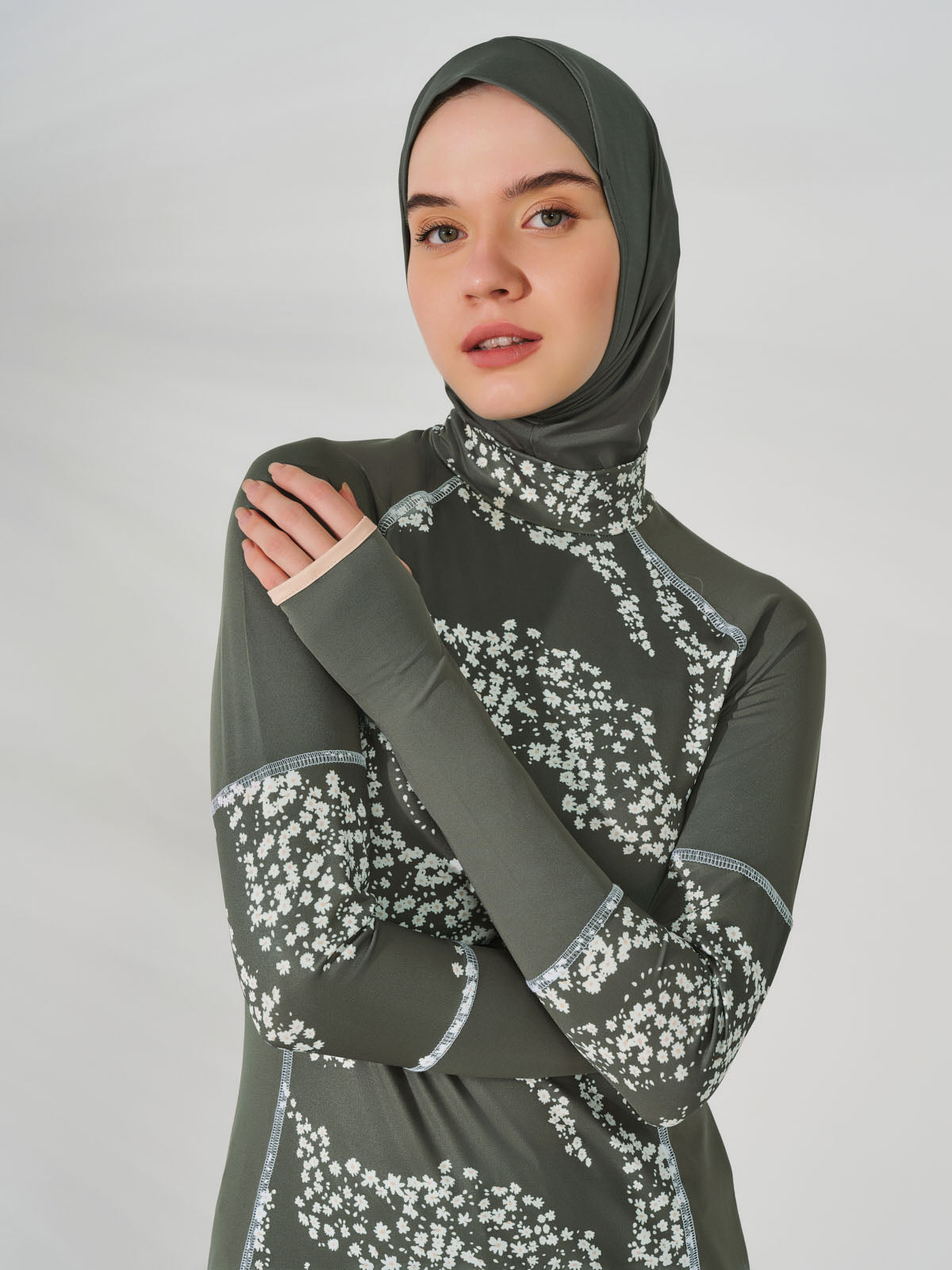 Olive Burkini with Delicate White Dotted Print