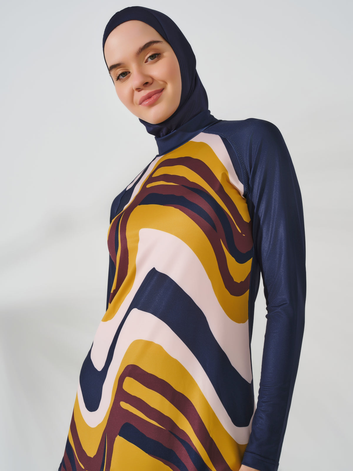 Modest Navy Burkini with Wavy Abstract Print