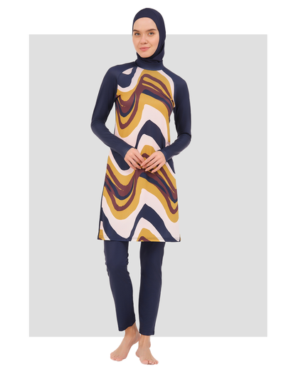 Modest Navy Burkini with Wavy Abstract Print