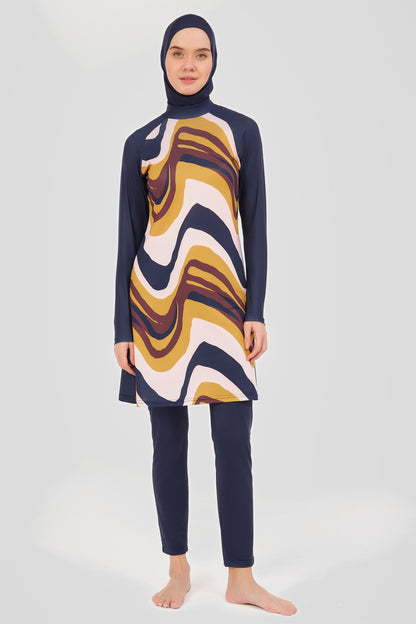 Modest Navy Burkini with Wavy Abstract Print