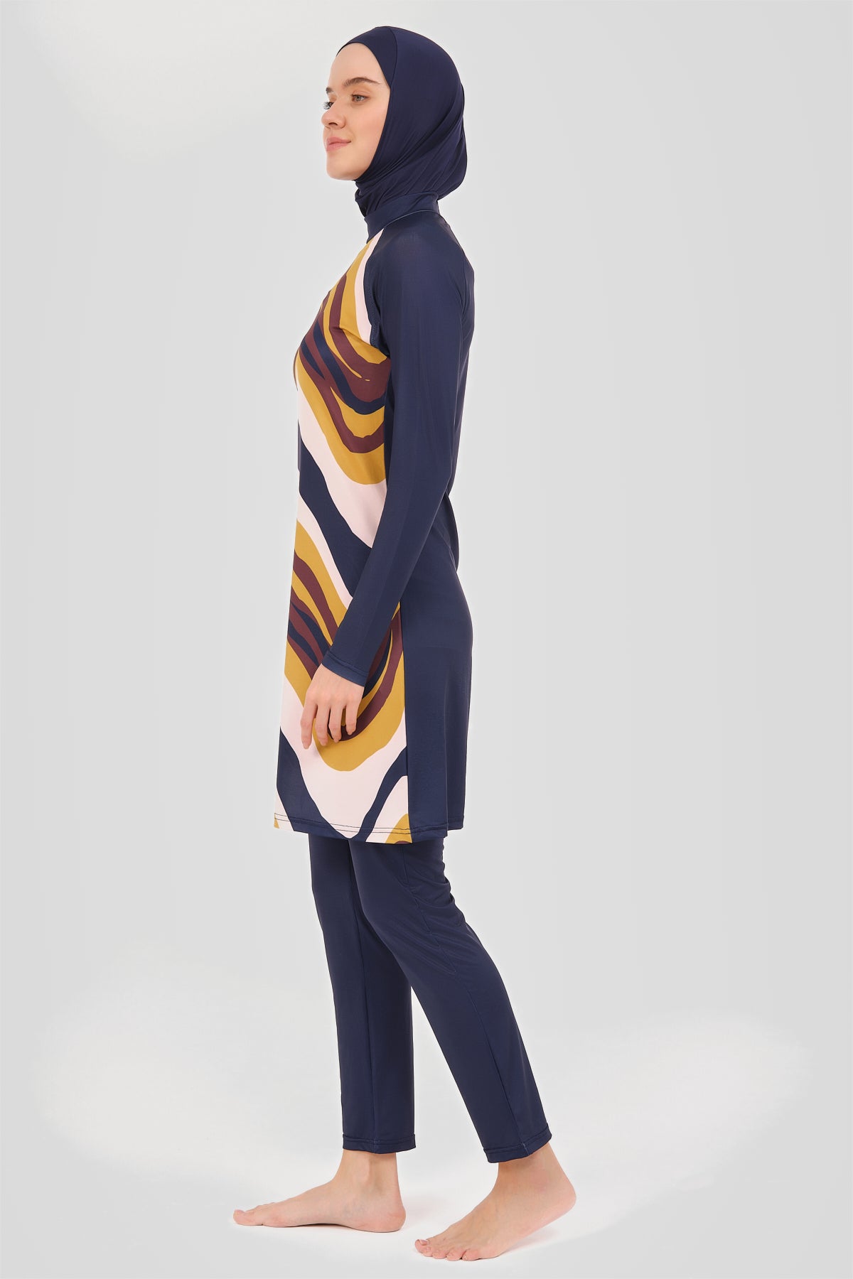 Modest Navy Burkini with Wavy Abstract Print