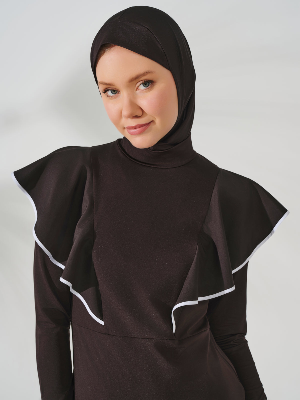 Black Burkini with Frilled Shoulder Detail and White Piping