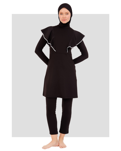 Black Burkini with Frilled Shoulder Detail and White Piping