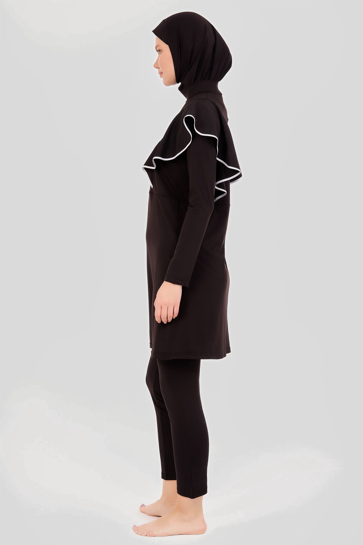 Black Burkini with Frilled Shoulder Detail and White Piping