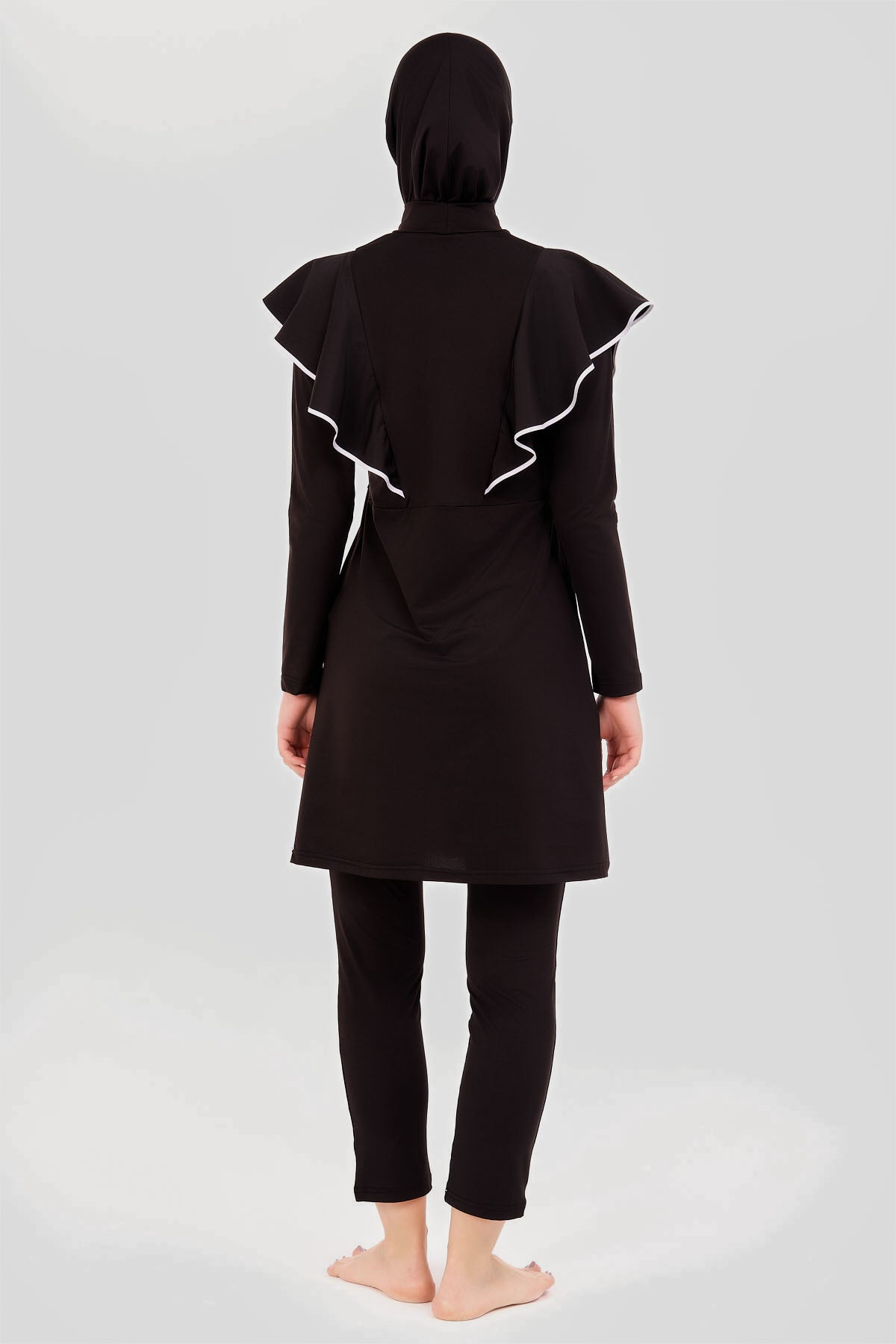 Black Burkini with Frilled Shoulder Detail and White Piping