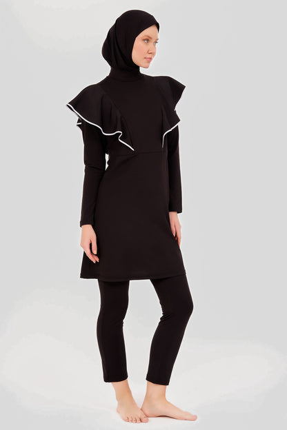 Black Burkini with Frilled Shoulder Detail and White Piping