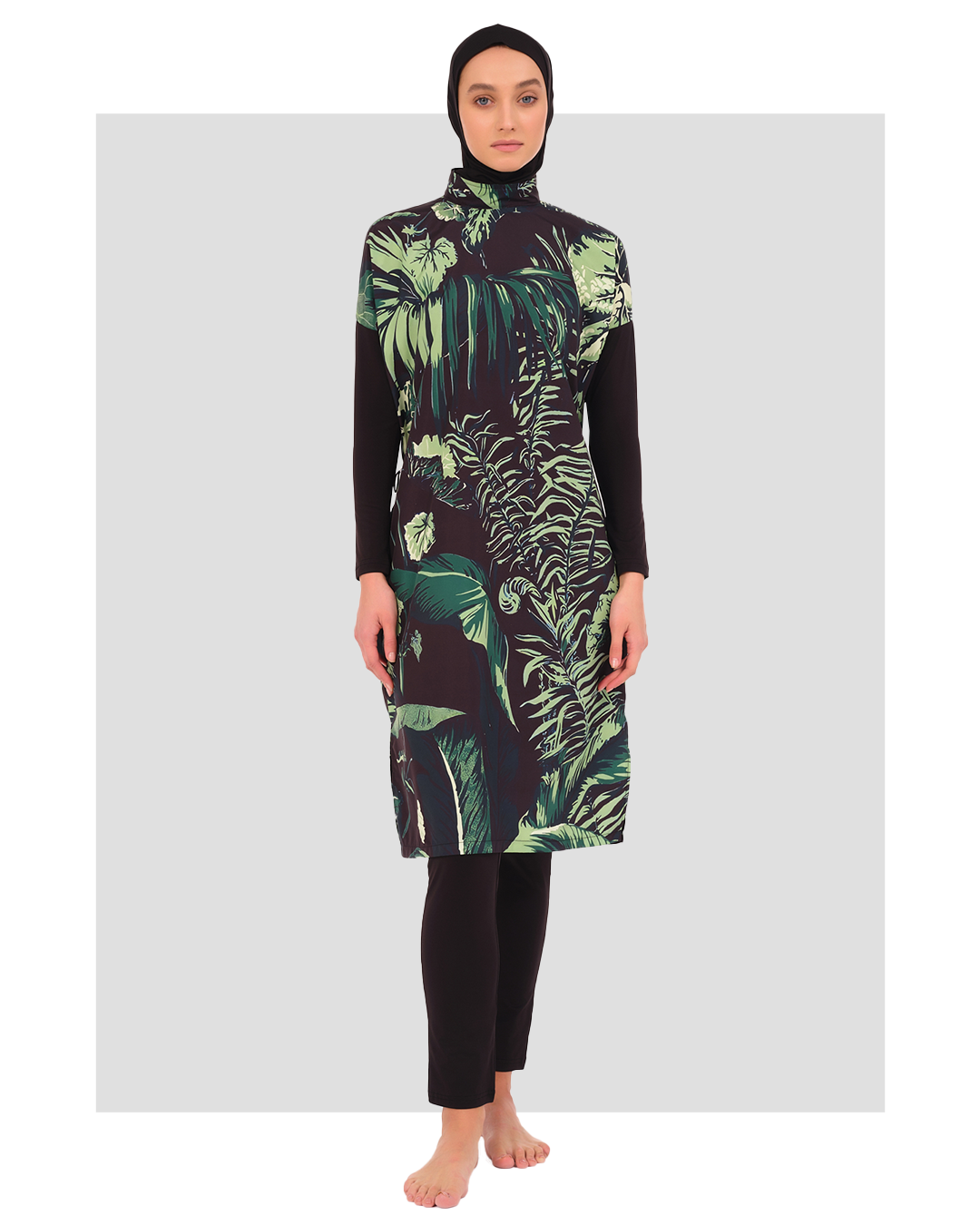 Black Tropical Print Modest Swimsuit