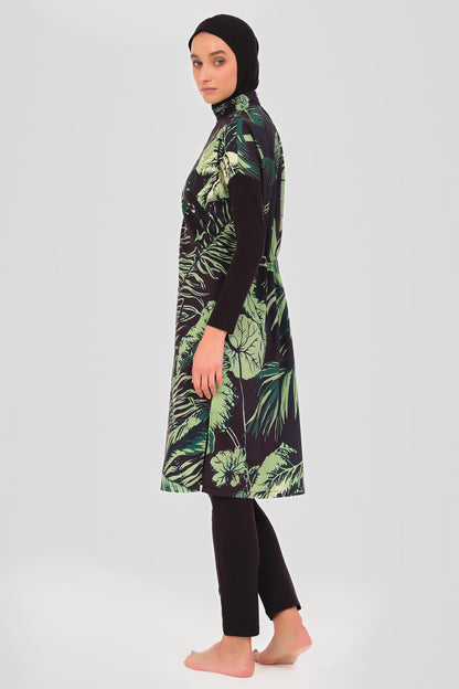 Black Tropical Print Modest Swimsuit