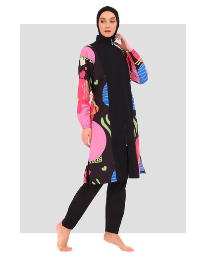 Modest Black Burkini with Multi-color Pattern