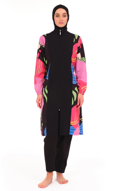 Modest Black Burkini with Multi-color Pattern