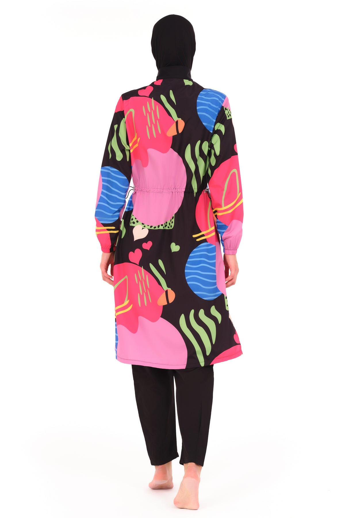 Modest Black Burkini with Multi-color Pattern