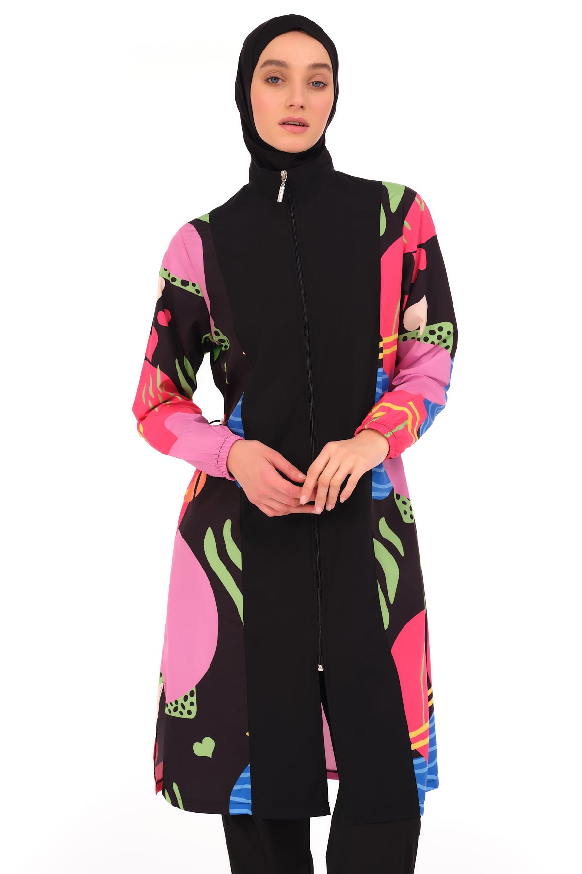 Modest Black Burkini with Multi-color Pattern