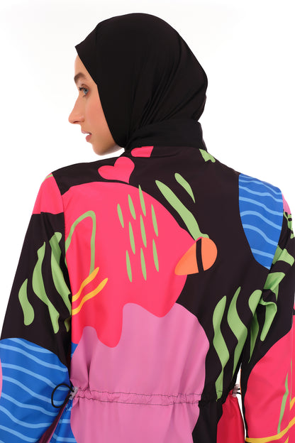 Modest Black Burkini with Multi-color Pattern