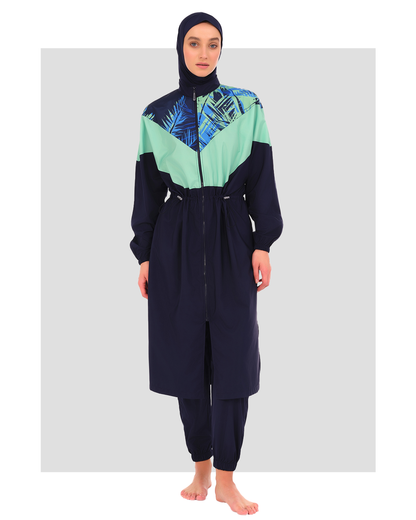 Modest Full-Length Navy Blue Tropical Print Burkini